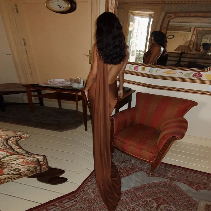 Elegant Satin Ribbons Halter Party Dress