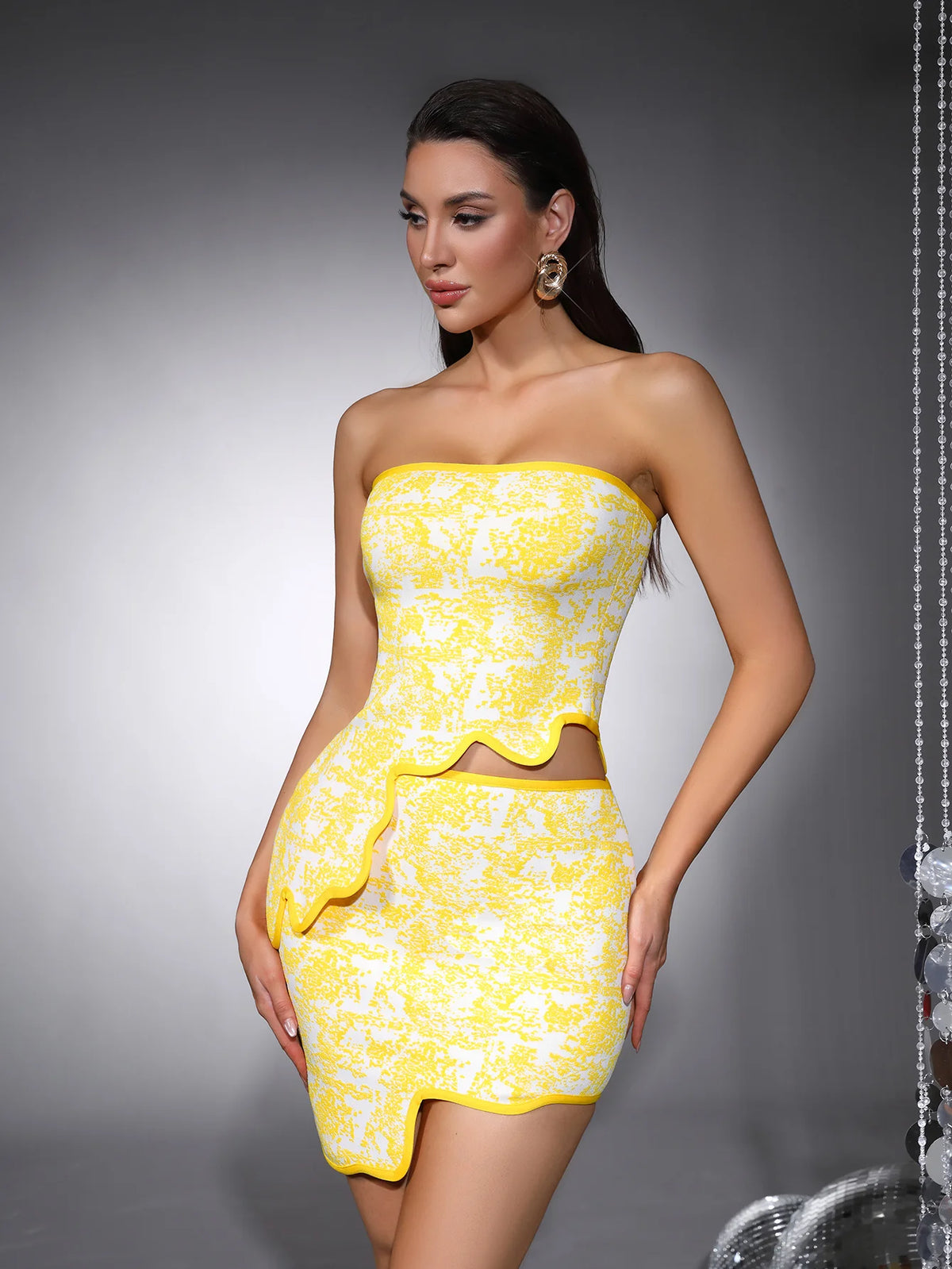 Rose Pink Yellow White Jacquard Two Piece Set Women Strapless Crop Top and Mini Skirt Bodycon Nightclub Party Outfit Bandage Set
