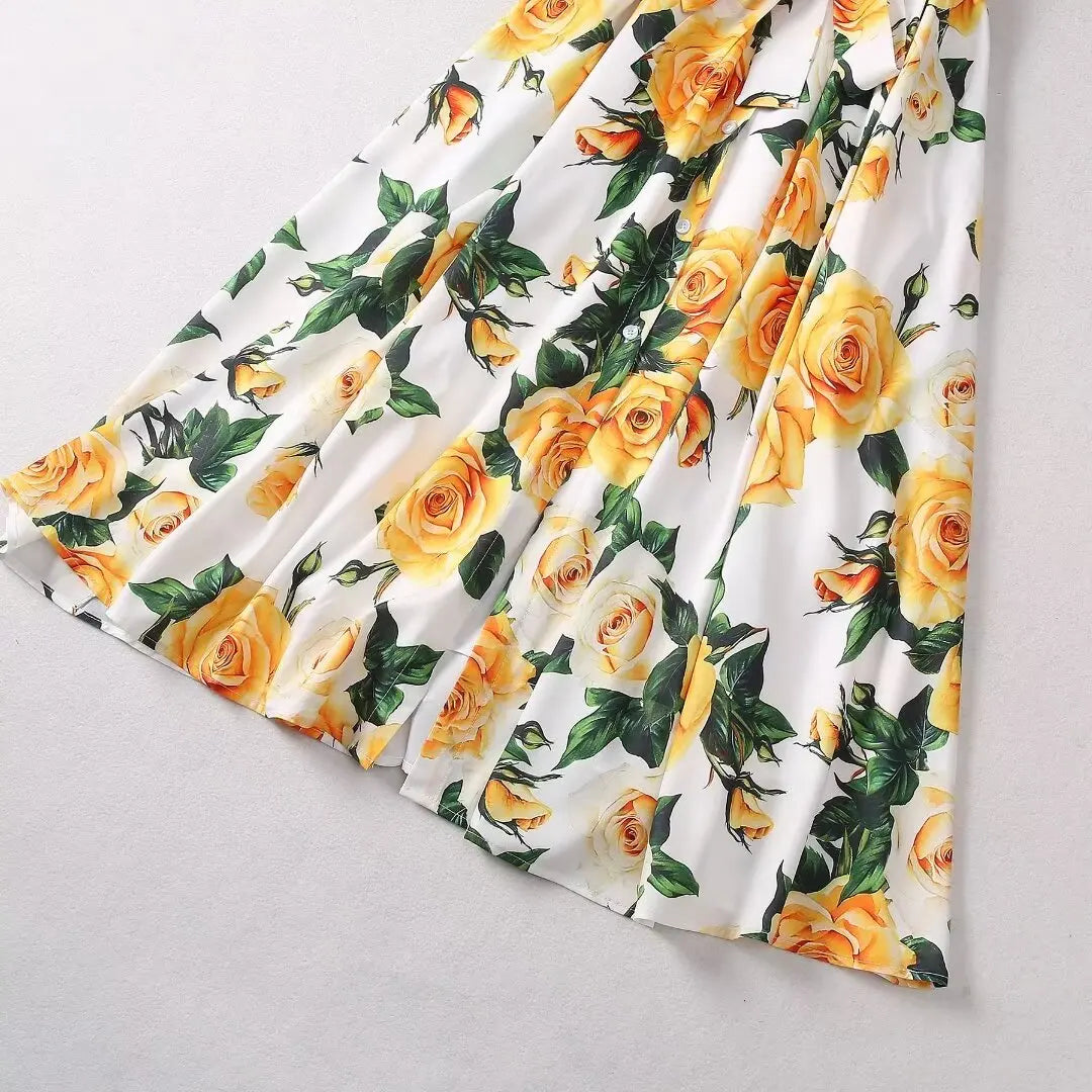 Yellow Roses Midi Dress Cotton