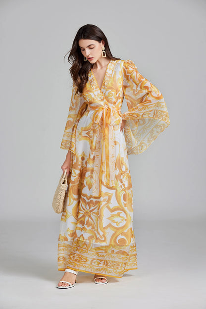 Golden White Porcelain Flower Print Lantern Sleeve