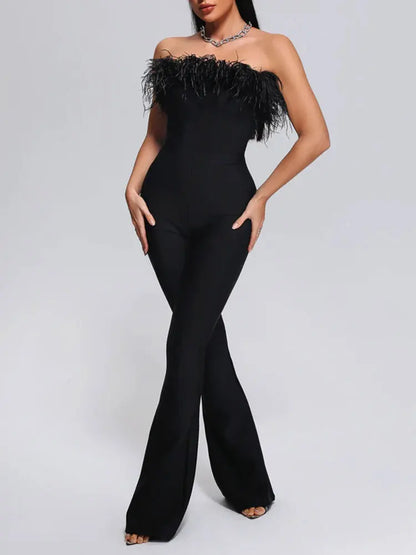 Women Strapless Sleeveless Off Shoulder Feather Design Bandage Jumpsuit