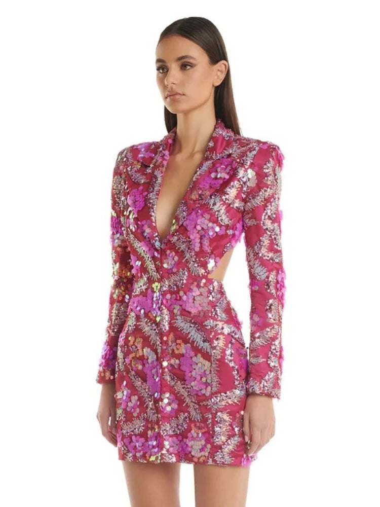 Beautiful Pink Blazer Mini Dress Sexy Backless Sequined Premium party collection