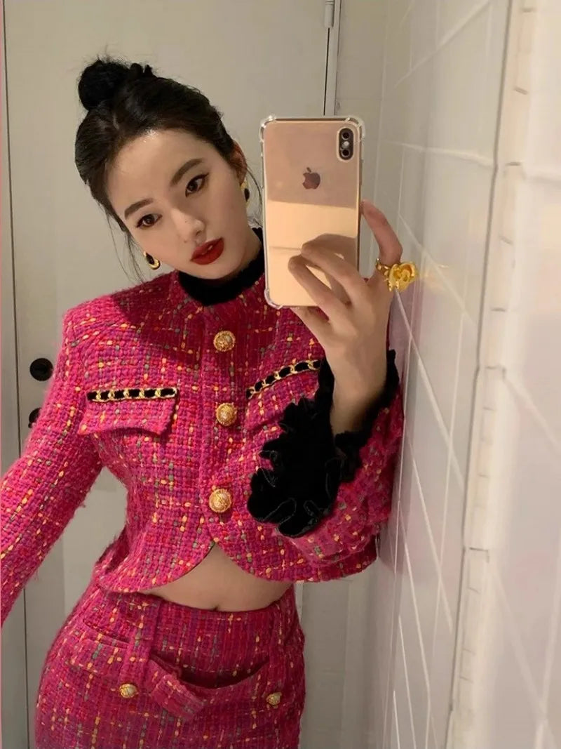 Pink Tweed Short Jacket & Skirt Two Piece - Shellss