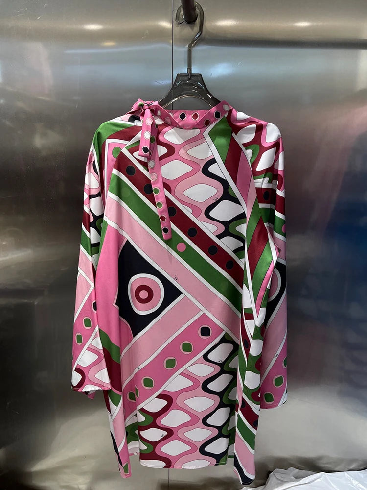Design retro geometric positioning print round neck tie pullover dress 2026 autumn women's clothing fashion loose straight skirt - Shellss
