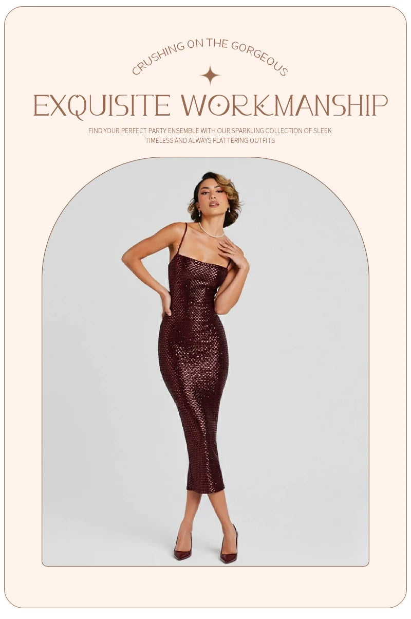 Burgundy Sequin Spaghetti Strap Midi Dress Bodycon Sparkly Evening Party Cocktail Formal Dress Women's Slim Fit Backless Gown