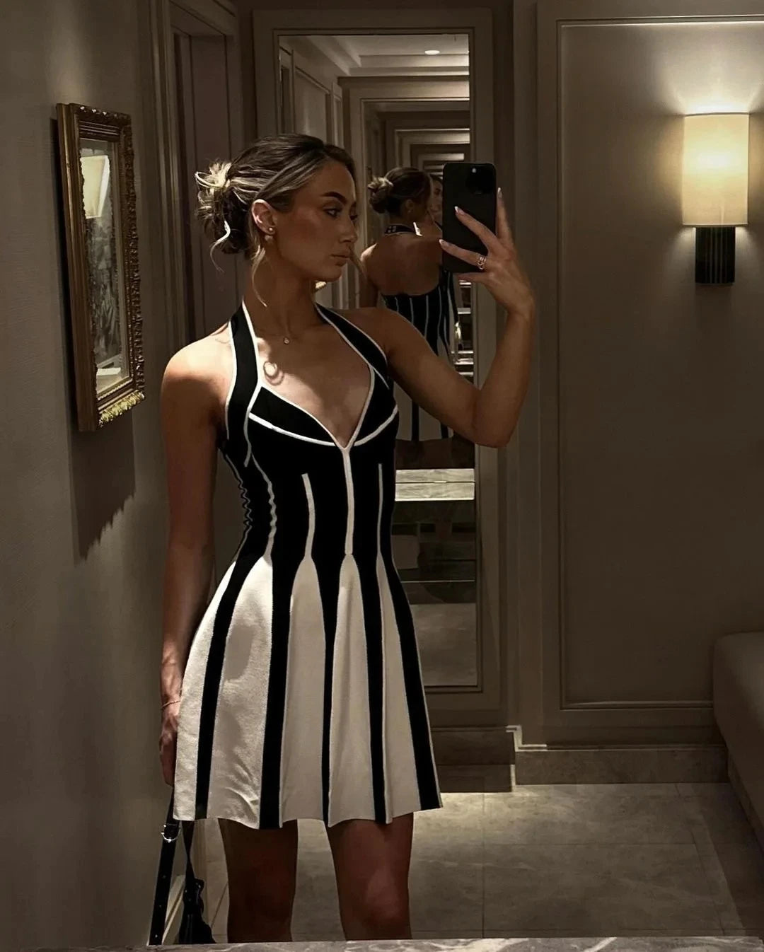 Sexy Backless Black White Stripes Halter Bandage A Line Short Dress 2025Women Celebrity Elegant Evening Party Holiday Club Dress