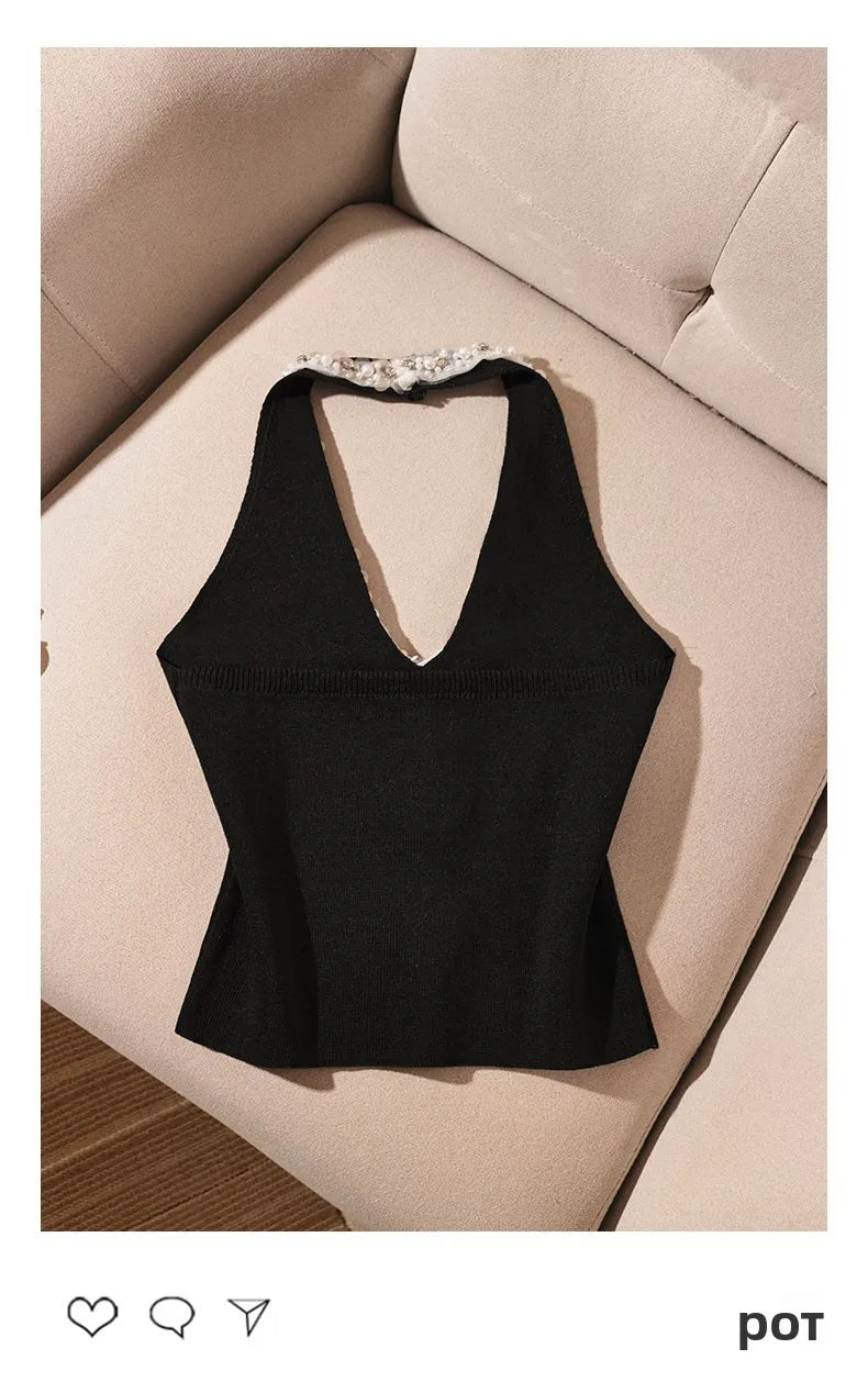 Heavy-Embroidered Diamond Backless Hanging Neck  Strap Vest Women Summer Slim Fit Short Spicy Sleeveless Black Top Women