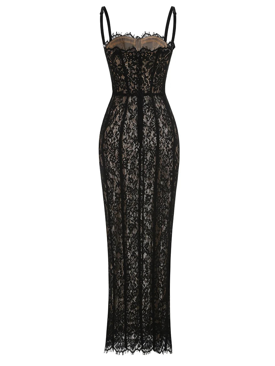 2025 Sexy See Through Lace Spaghetti Sleeveless Bodycon Long Dress Elegant Woman Party Vestido Celebrity Evening Party Outfit - Shellss
