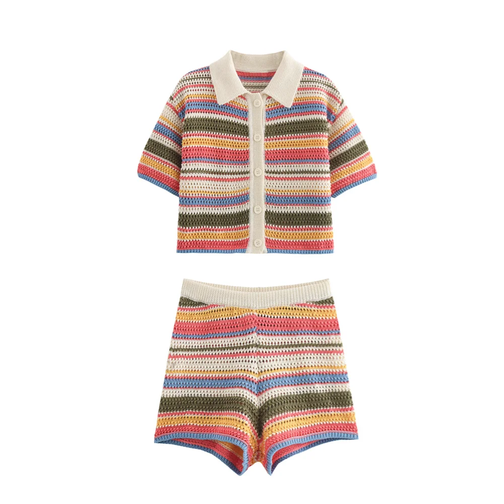POLO collar short knitted striped shorts set