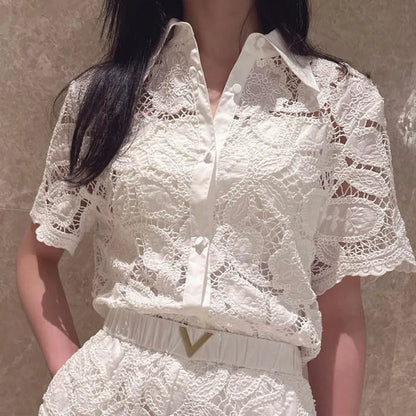 White Floral Embroidery Shirt
