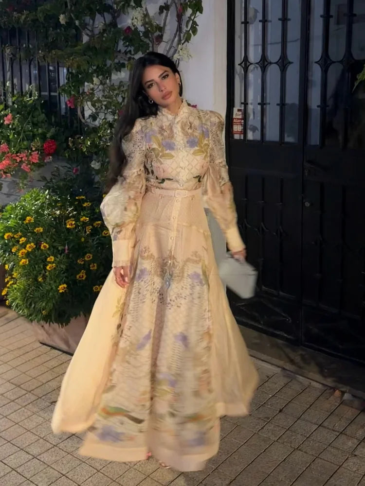 Floral Print Women Dress Button Down Mock Neck Maxi Dresses Long Lantern Sleeve A-Line Waist Belt Flared Hem Elegant Streetwear - Shellss