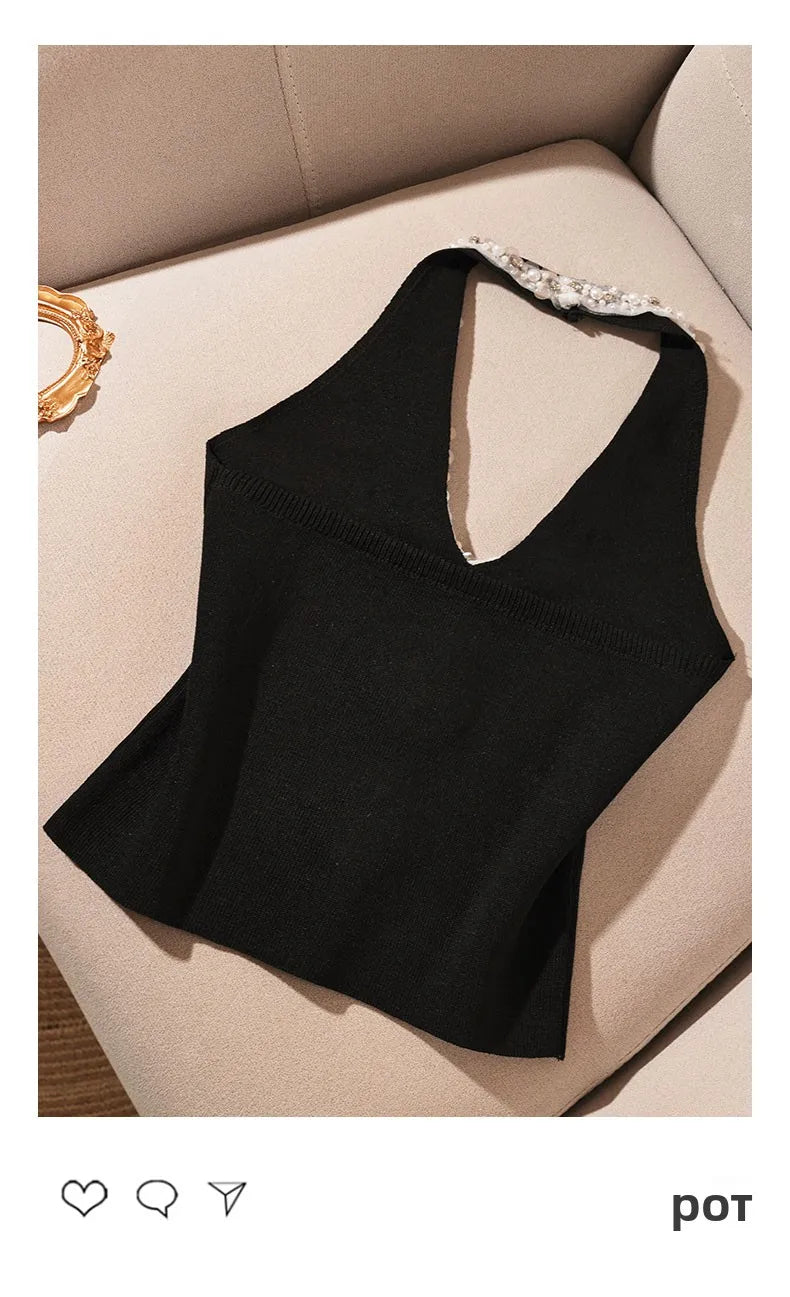 Heavy-Embroidered Diamond Backless Hanging Neck  Strap Vest Women Summer Slim Fit Short Spicy Sleeveless Black Top Women