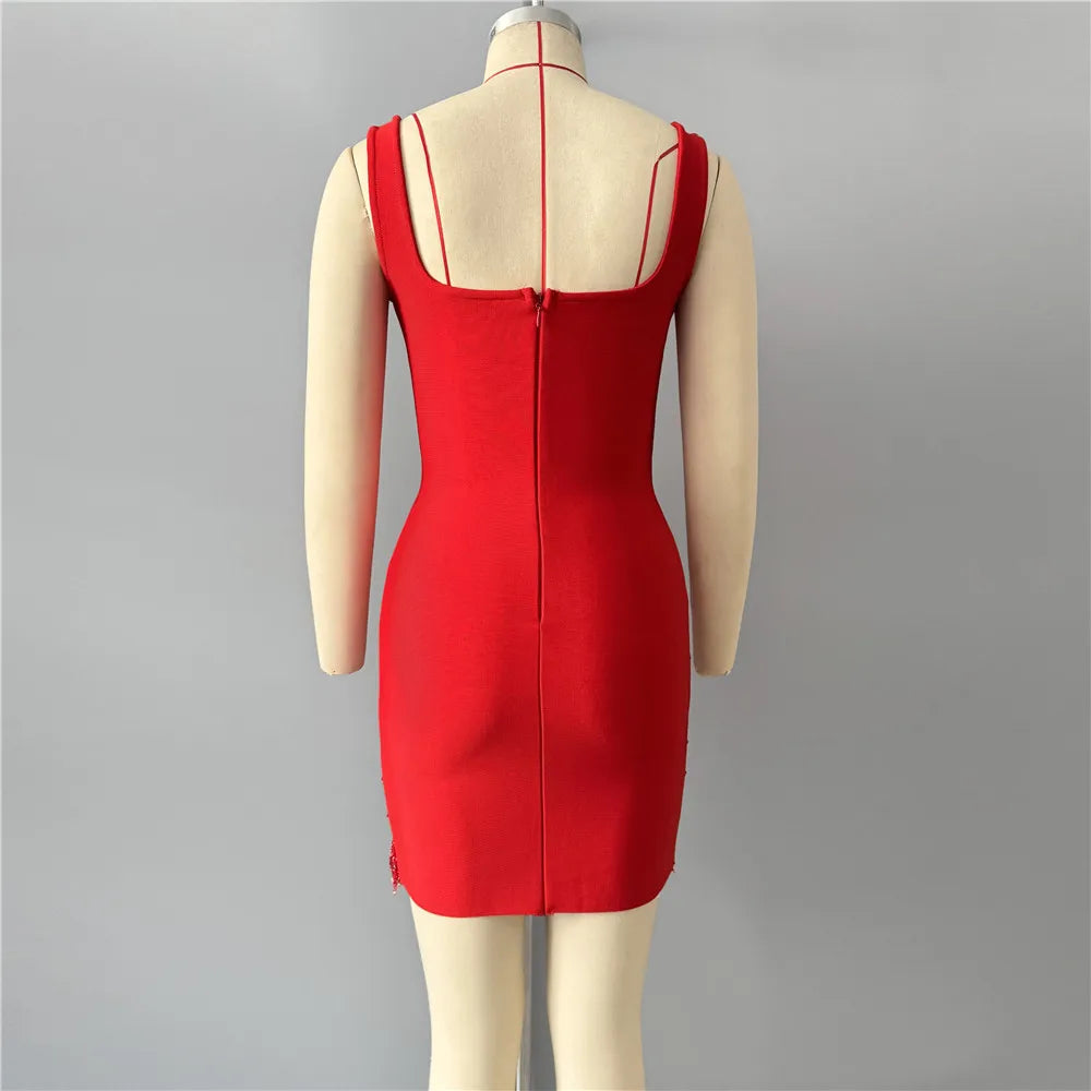 New sexy sleeveless diamond studded mid length dress, beaded tassel bandage dress, dance party dinner dress, short mini skirt