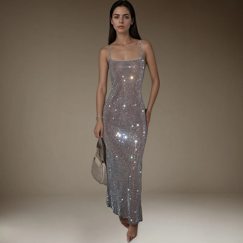 KUCLUT Fashion Shoulder Strap Sequin Mesh Diamond Suspender Dress For Women Temperament Evening Party Dresses Female 1A179