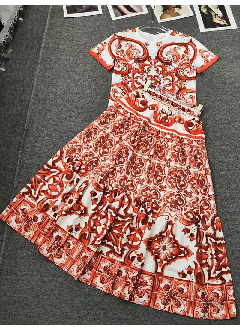 2026 Fashion Print Two-Piece Suit T-Sleeve T-Shirt round Neck Short Sleeves Big Fluffy Skirt Temperament Female Dress Code - Shellss