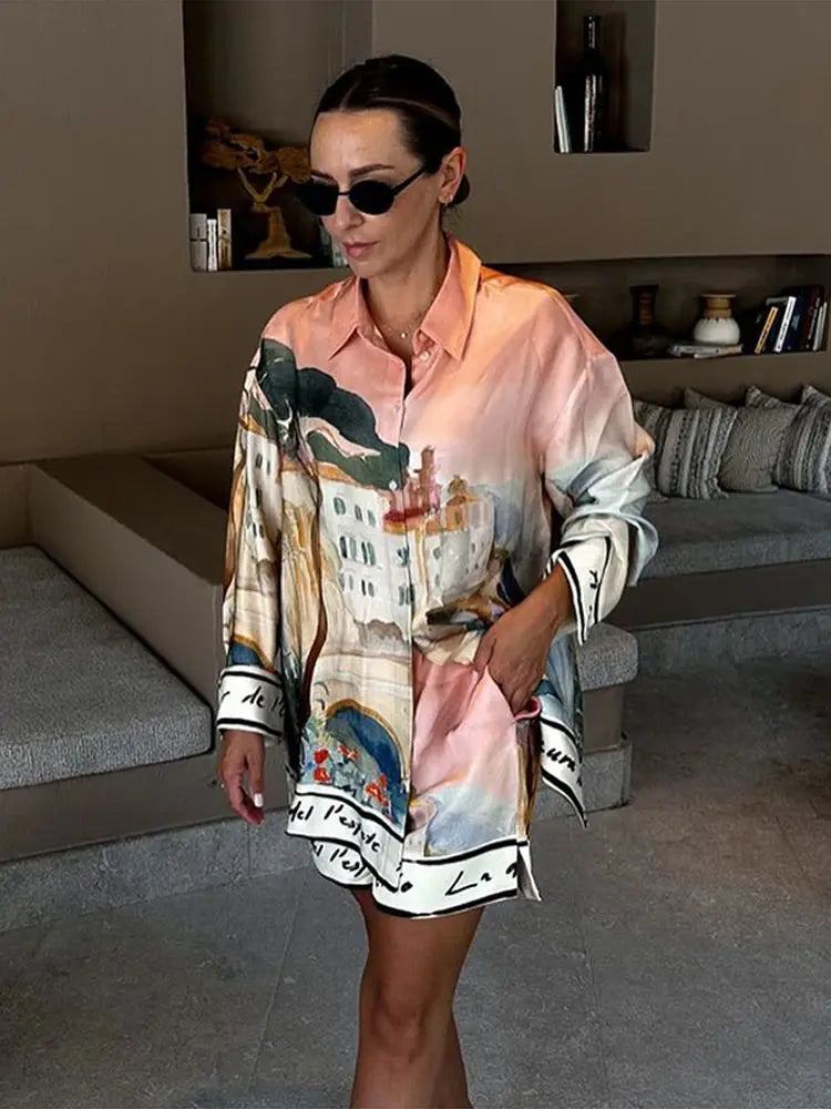 Fashion Printed 2 Piece Set Loose Lapel Button Long Sleeved Shirt Elastic Waist Shorts Suit 2025 Summer Autumn Beach Lady Set