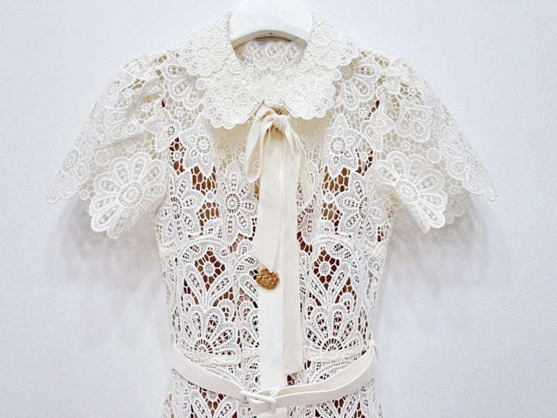 Lace Midi Dress Single Breasted Metal Buttons