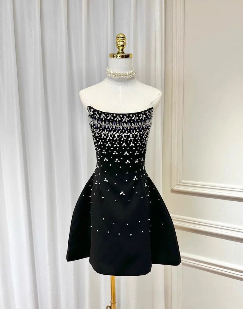 Fishbone Design Diamond Decorated A-Line Gown Heavy Embellishment Strapless Ball Gown Skirt Flounce Summer Dress