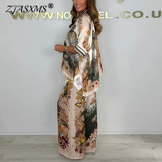 Vintage Pattern Print Satin Batwing Pant Sets
