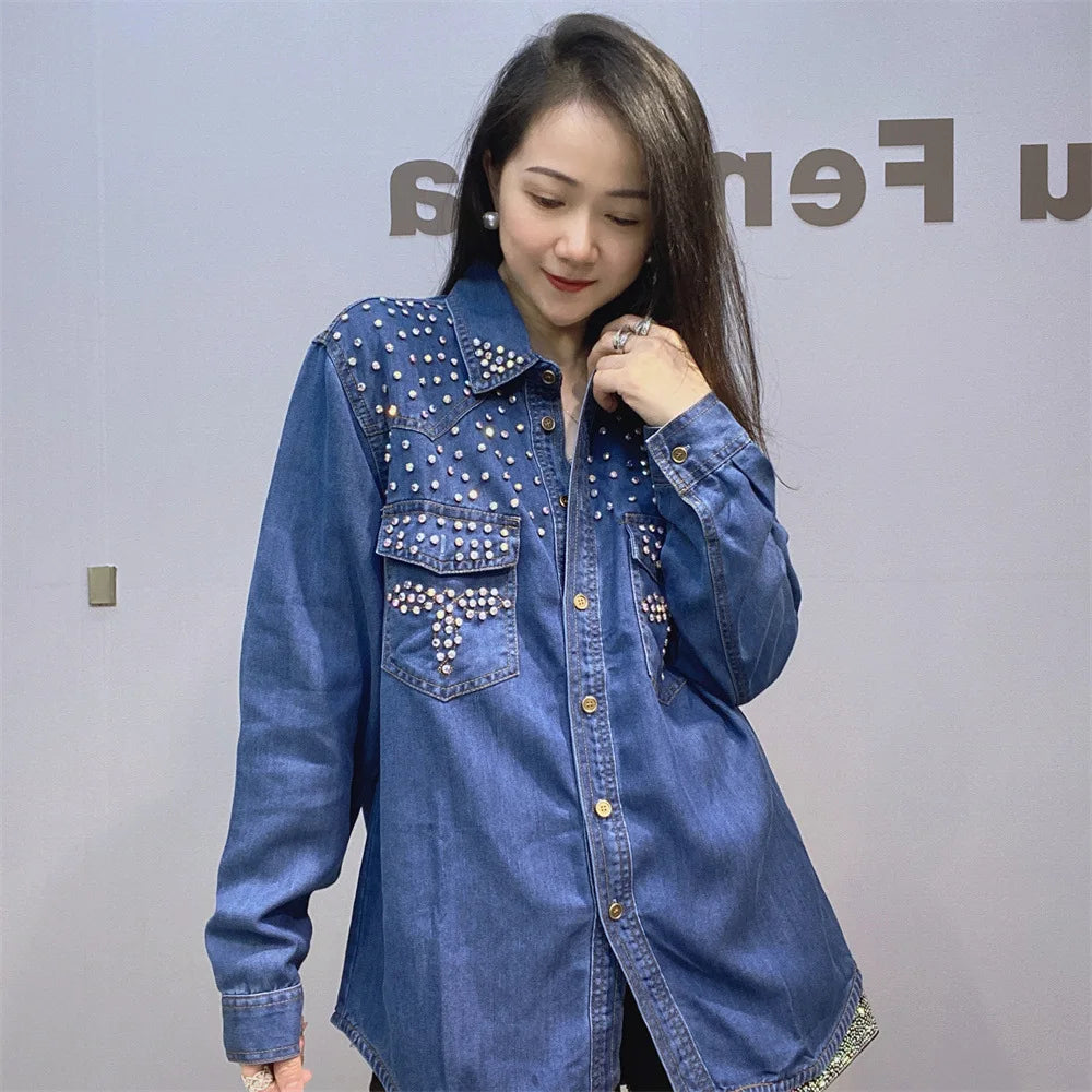 Diamonds Beaded Denim Shirts Rhinestones - Shellss
