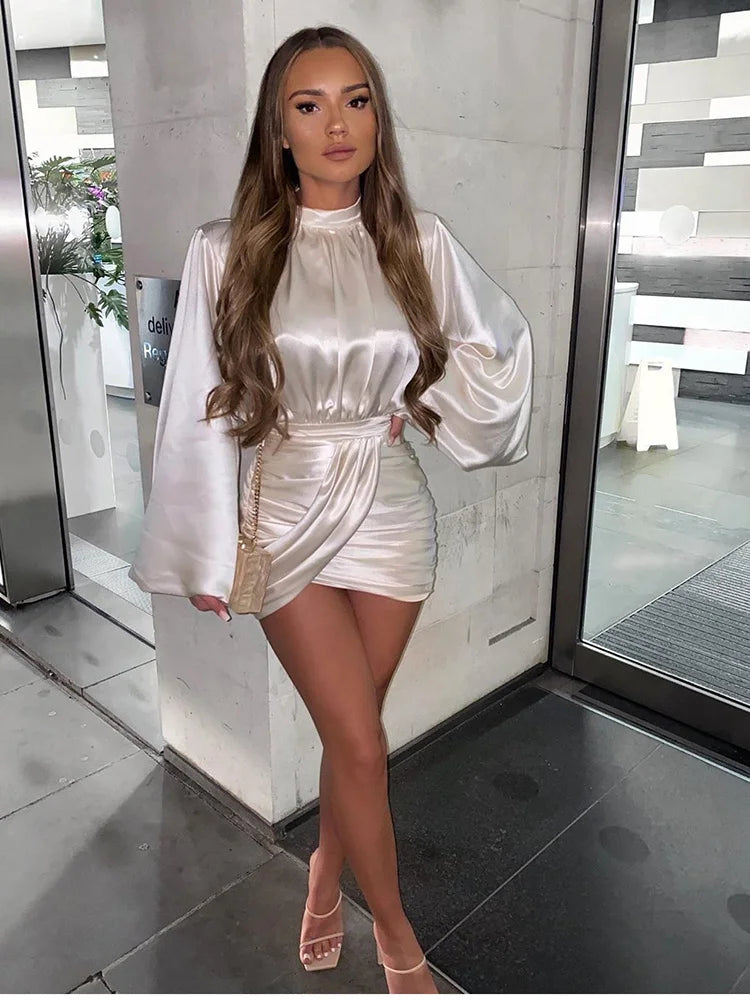 Ruched Satin Mini Dress – White Lantern Sleeve - Shellss