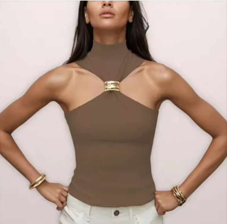 Metal Ring Sleeveless Elegant Slim Fit Women's Tank Tops Solid Fashion Sexy Cropped Tops Sexy Off Shoulder Ladies Tanks Vest