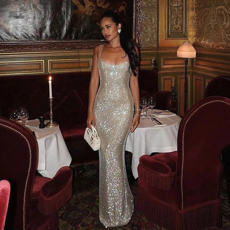 Women Shiny Chic Dress Bling Glitter Sequins Sling Sleeveless Backless Bodycon Maxi Robes Elegant Evening Party Cocktail Gowns