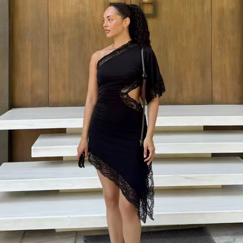 HXAO Black Asymmetric Lace Dresses Women's Dress Summer 2026 Sexy Midi Off Shoulder Cut Out Ruched Vestido Chic Evening Dresses
