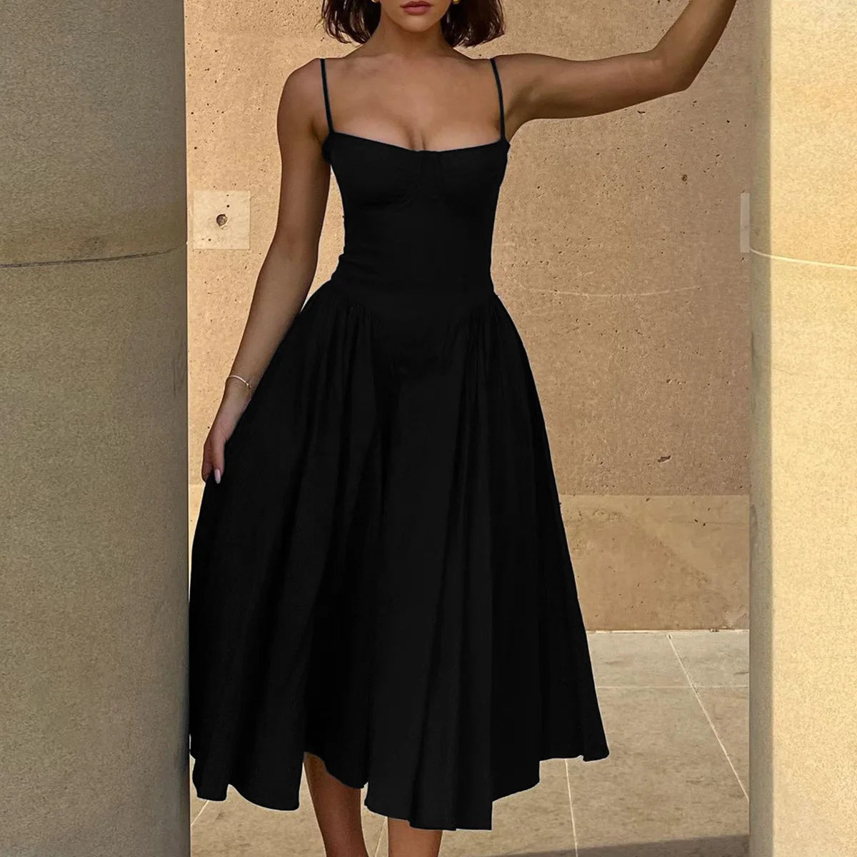 Suninheart Spaghetti Strap Summer Party Dresses 2025 New Arrivals Fit and Flare Elegant Midi Dress Red Night Date Dress - Shellss