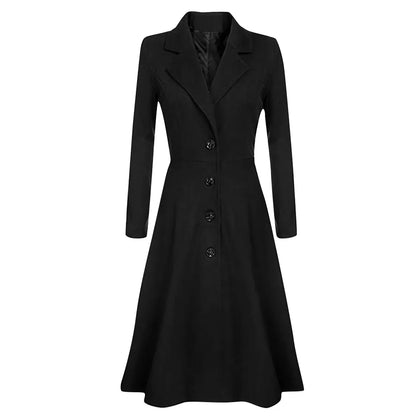 Long Trench Coat Winter Lapel Button Jacket Slimming Waist Pleated Hem