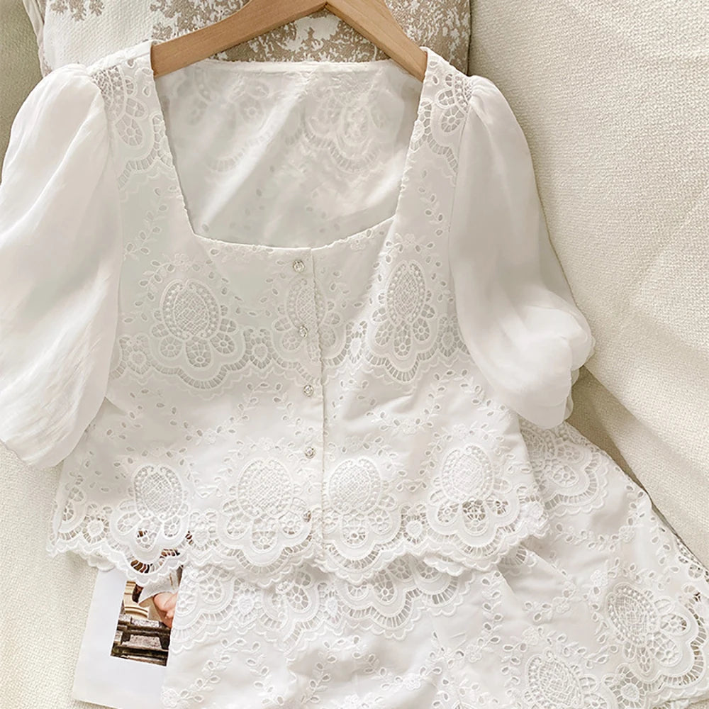 Square Neck puff lace set