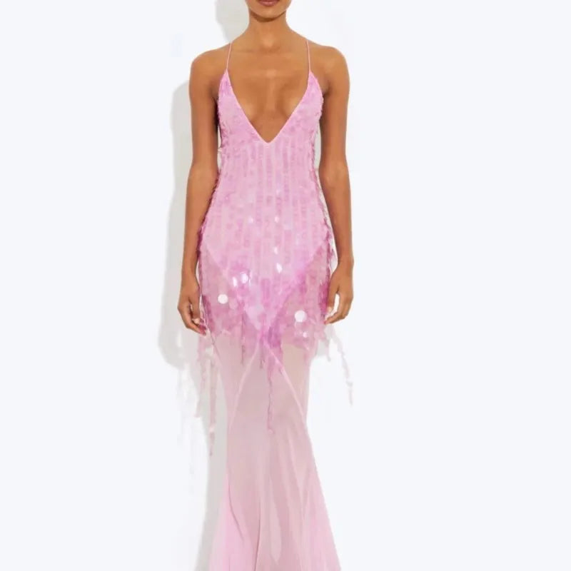 New Summer Sequins Patchwork Mesh Slim Long Dress Women Casual Vacation Dress Sexy Suspender V Neck Backless Evening Dress