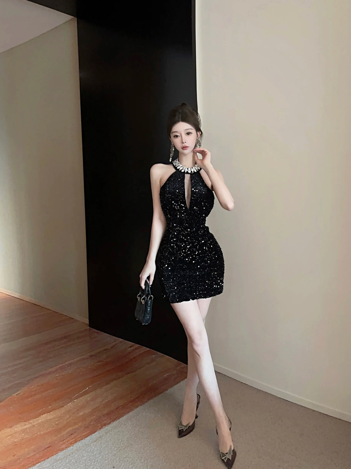 Celebrity Lady Diamonds Beads Halter Black Birthday Party Dress Summer Sequined Hollow Out Sleeveless Elegant Pencil Mini Dress