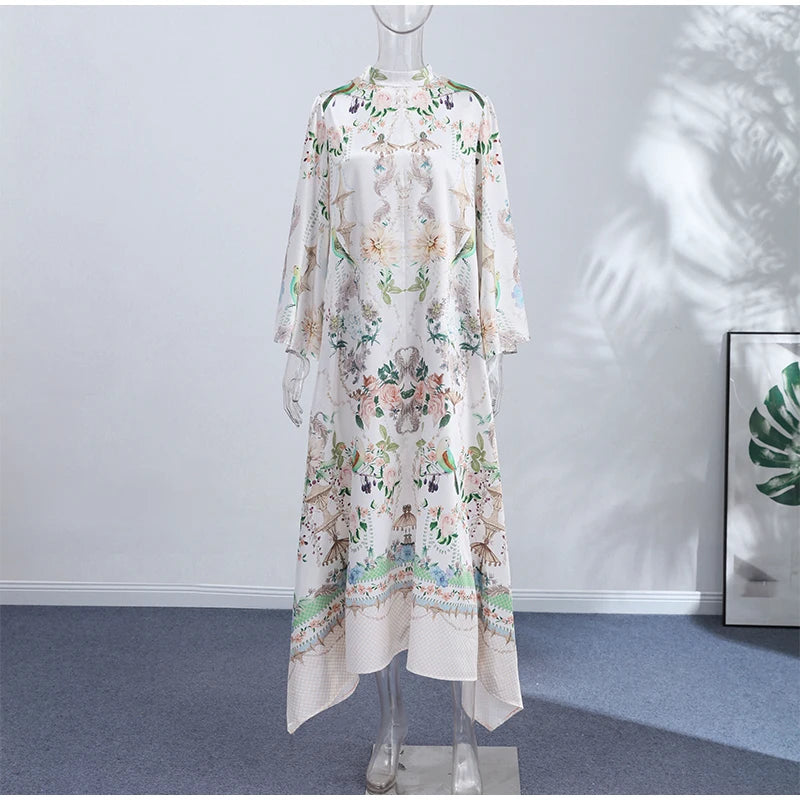 Floral Print Women Dress Button Down Mock Neck Maxi Dresses Long Lantern Sleeve A-Line Waist Belt Flared Hem Elegant Streetwear - Shellss