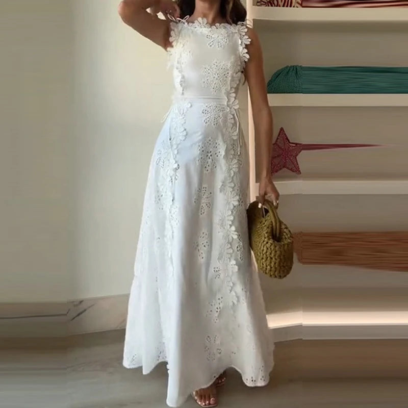 White Cotton Lace Embroidery Dress
