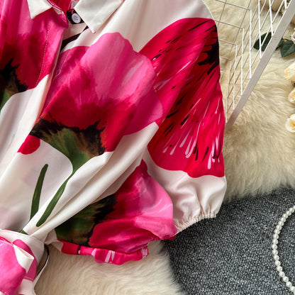 Vintage Satin Floral Pink Red