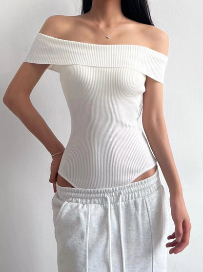 Off Shoulder Rib Knitted Bodysuit