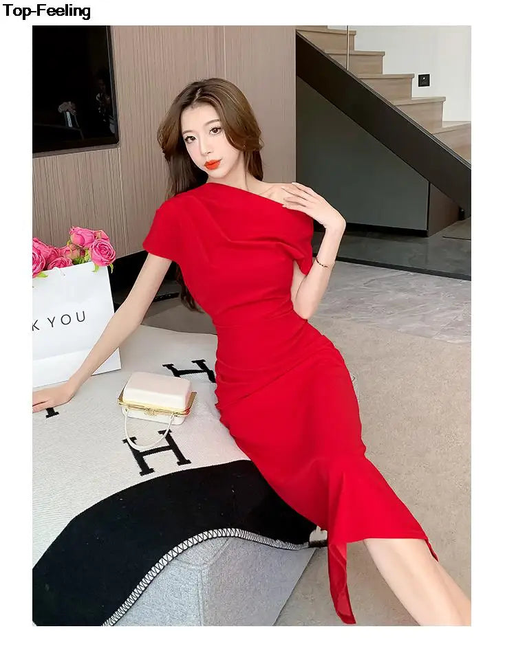 Elegant Off Shoulder Evening Party Dresses ONE SHOULDER DROP SHOULDER red