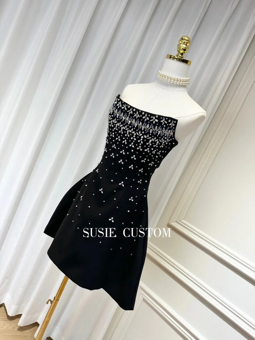 Fishbone Design Diamond Decorated A-Line Gown Heavy Embellishment Strapless Ball Gown Skirt Flounce Summer Dress