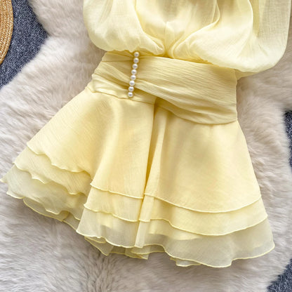Chiffon Pearl Halter Mini Dress