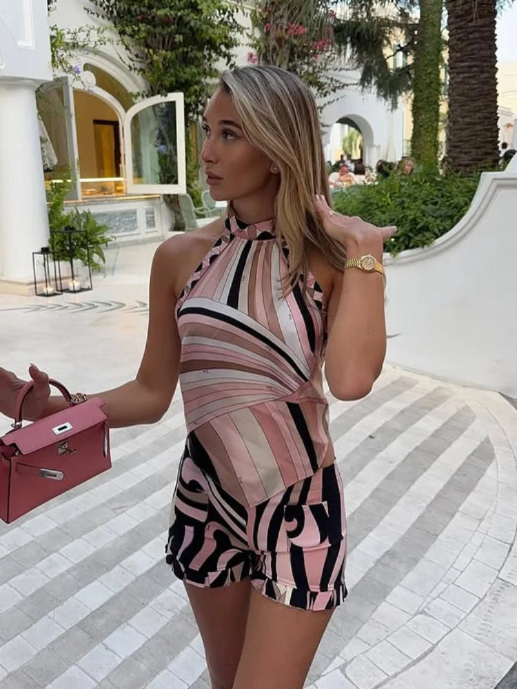 Women Geometric Printed Tank Shorts Skirt 3 Pieces Sets Halter Irregular Skirts  Backless Vest Wide Leg Shorts Holiday Lady Suit - Shellss