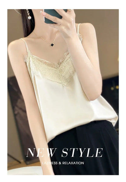 Satin Lace Trim V-Neck Crop Top