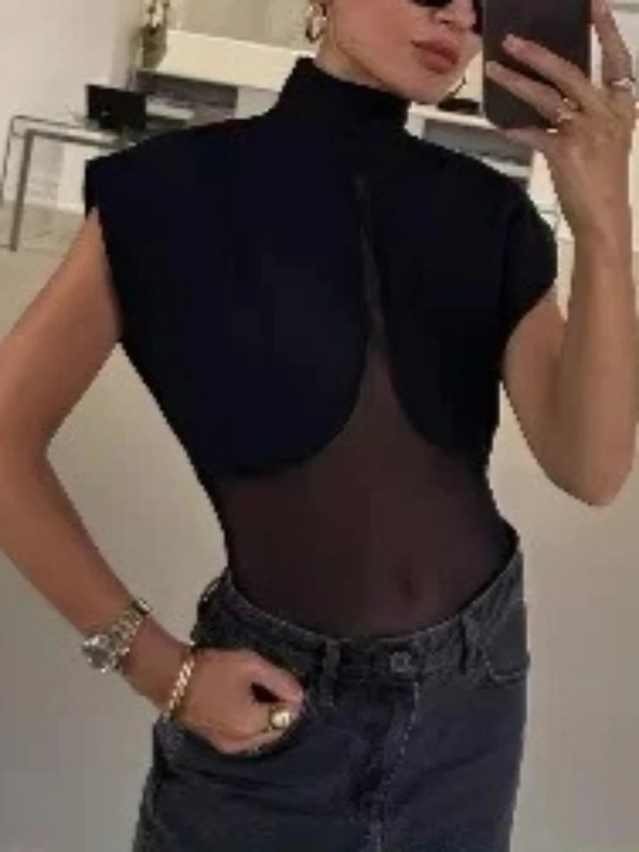 TWOTWINSTYLE Black Loose Spliced Mesh Jumpsuits for Women Stand Collar Sleeveless Sexy Temperament Jumpsuit Female Fashion New