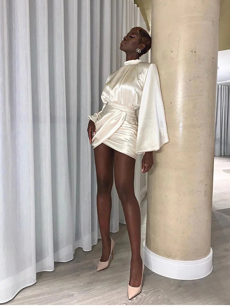 Ruched Satin Mini Dress – White Lantern Sleeve - Shellss