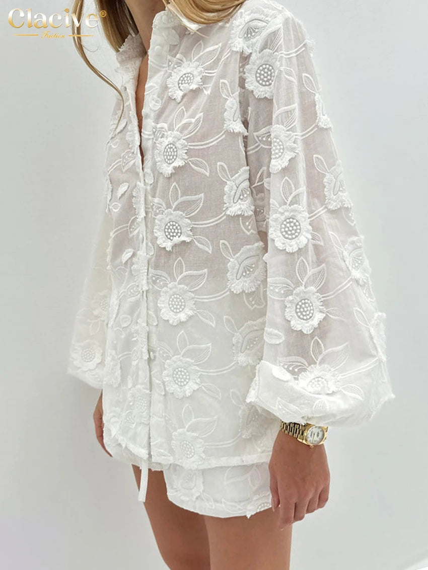 Clacive Fashion White Cotton 2 Piece Sets Women Outfit Elegant Long Sleeve Shirt With High Waist Shorts Set Female Streetwear - Shellss