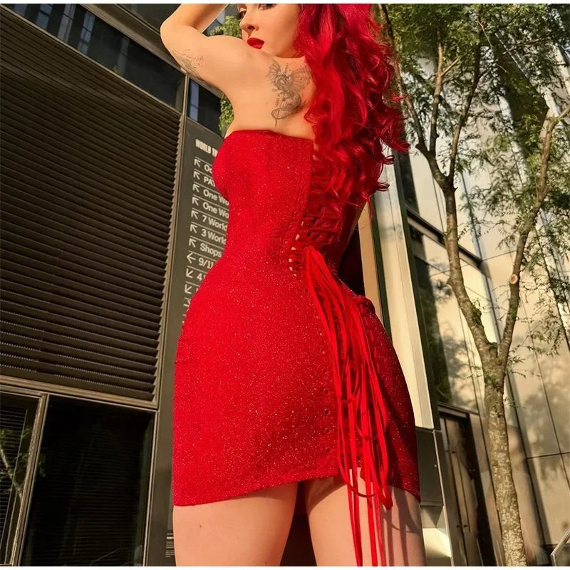 Red Bodycon High Waist Mini Dress Women Fashion Strapless Sleeveless Back Drawstring Gown 2024 Lady Party Club Wear