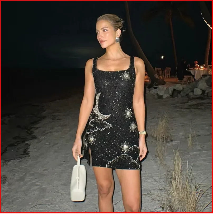 Sexy Shining 3d Printed Party Dress Women Slim Halter Side Split Square Mini Dresses Female Sleeveless Backless Chic Lady Gowns