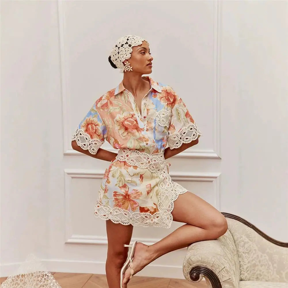 VACAY 2026 Women's Floral Lace Shirt Short Skirt Set Casual Three-Piece Suit European Style Three-Quarter Sleeve Plant Floral... - Shellss