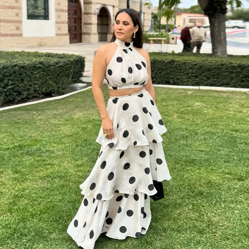 1 Polka Dots Vest Ruffles A-line Long Skirt set