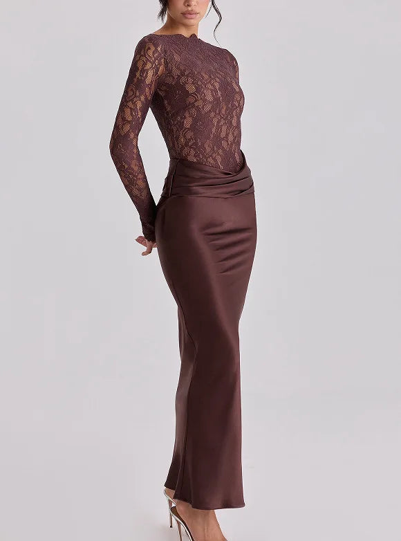 Sexy Women Lace Patchwork Long Sleeve Maxi Dress Elegant Satin Bodycon Evening Party Prom Dress Formal Wedding